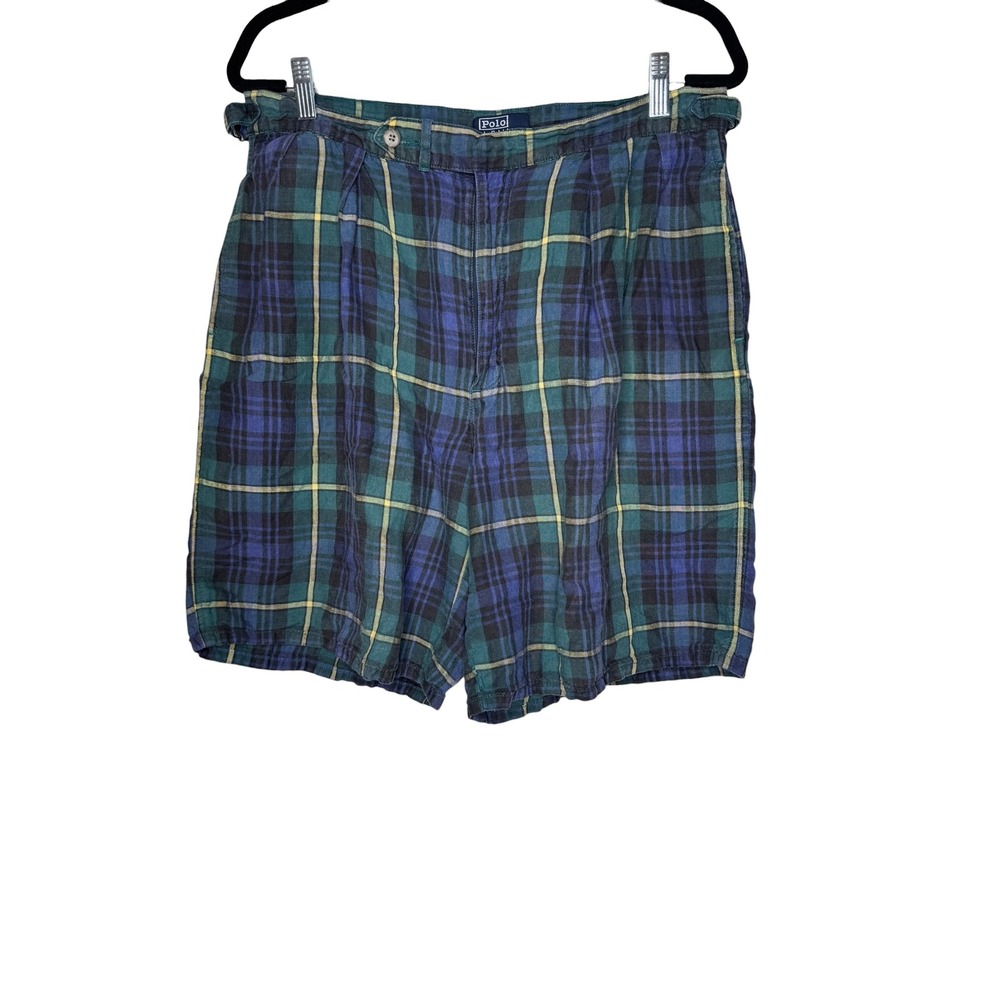 Vintage Polo Ralph Lauren Tartan Linen Shorts Plaid Pleated Made in USA Mens 34